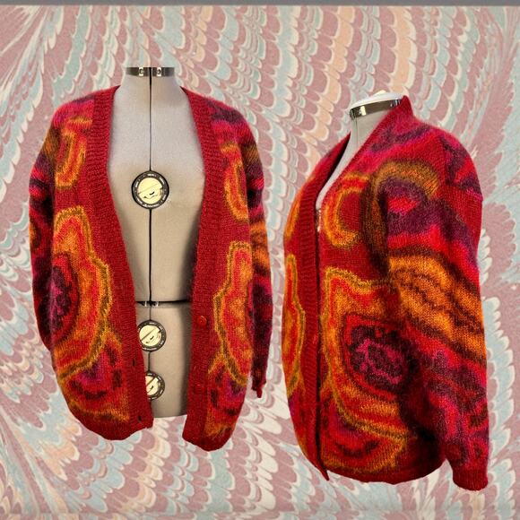 Vintage 80s Linda Allard for Ellen Tracy Mohair Fuzzy Boho Cardigan Sweater Sz M - Picture 2 of 4